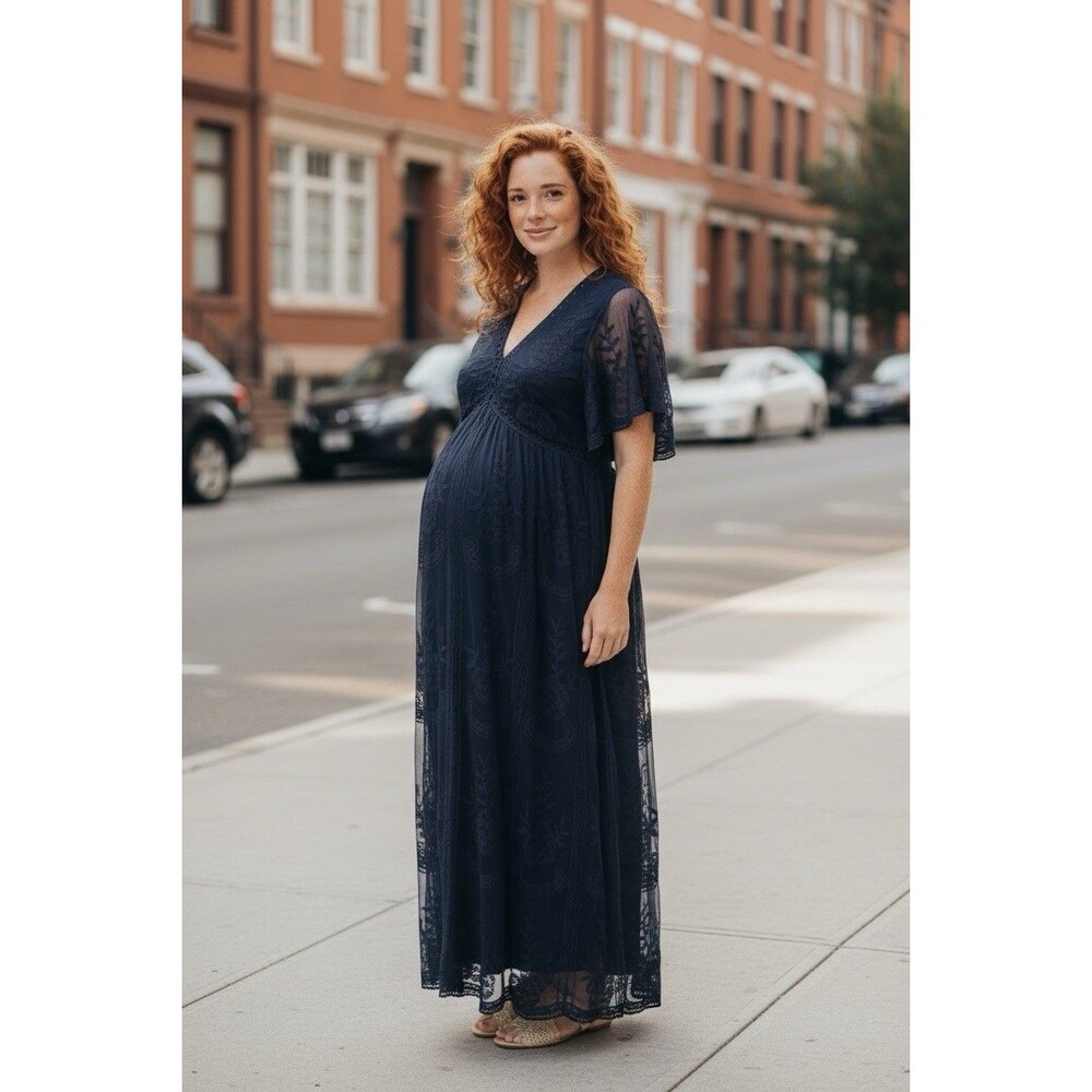 Pink blush Navy Lace Overlay Maxi Maternity Dress, Size XL